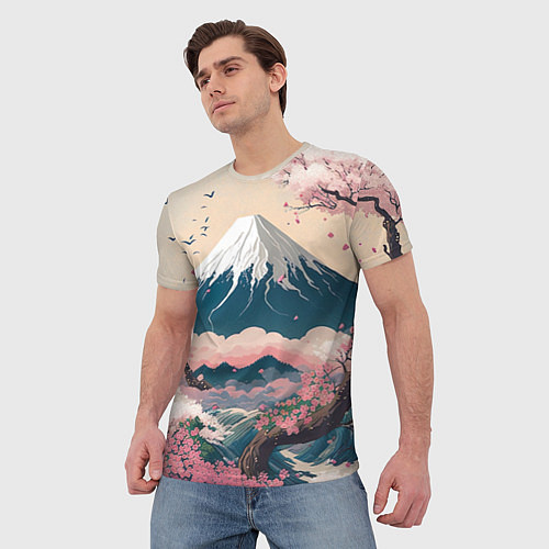 Мужская футболка Японский пейзаж: цветение сакуры у горы Фудзияма / 3D-принт – фото 3