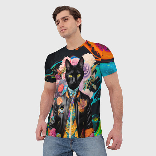 Мужская футболка Модный чёрный кот - нейросеть - мода / 3D-принт – фото 3