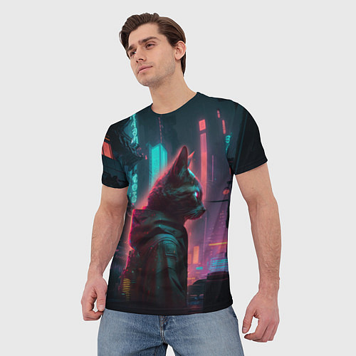 Мужская футболка Кот в киберпанке / 3D-принт – фото 3