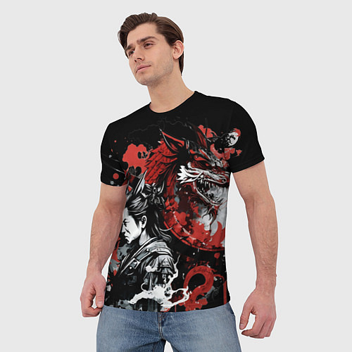 Мужская футболка Японский самурай с драконом / 3D-принт – фото 3