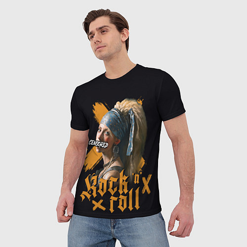 Мужская футболка Рок девушка с жемчужной серёжкой / 3D-принт – фото 3