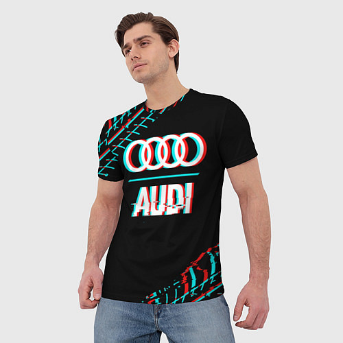 Мужская футболка Значок Audi в стиле glitch на темном фоне / 3D-принт – фото 3