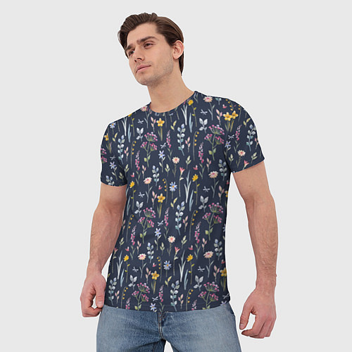 Мужская футболка Акварельная цветочная полянка / 3D-принт – фото 3