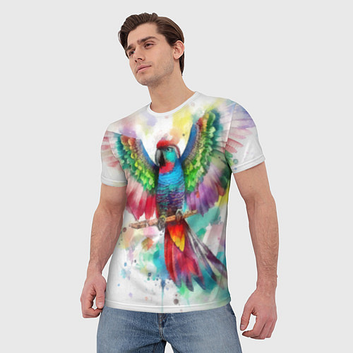 Мужская футболка Разноцветный акварельный попугай с расправленными / 3D-принт – фото 3