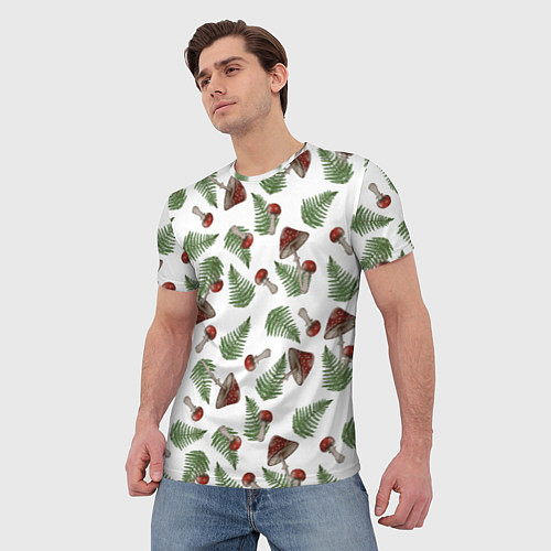 Мужская футболка Мухоморы и папоротник на белом - паттерн / 3D-принт – фото 3