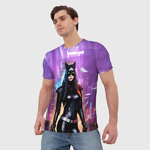 Мужская футболка Девушка-кошка - киберпанк / 3D-принт – фото 3