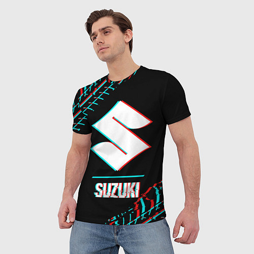 Мужская футболка Значок Suzuki в стиле glitch на темном фоне / 3D-принт – фото 3