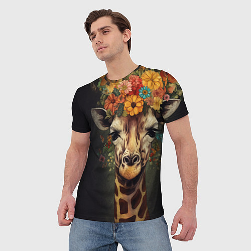 Мужская футболка Портрет жирафа с цветами: арт нейросети / 3D-принт – фото 3
