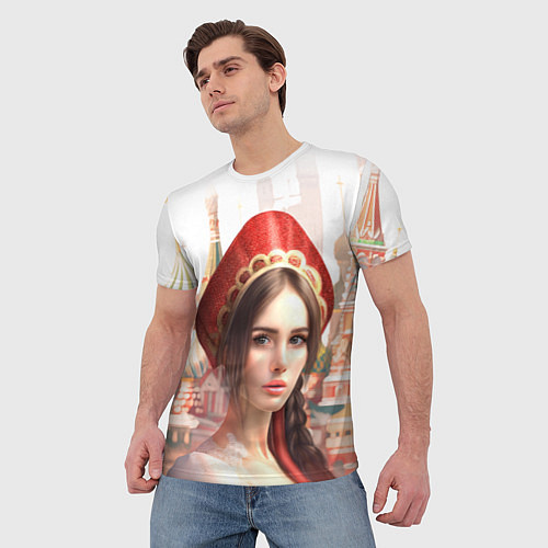 Мужская футболка Девушка в кокошнике с косой - кремль / 3D-принт – фото 3