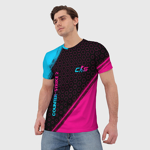 Мужская футболка Counter-Strike 2 - neon gradient: надпись, символ / 3D-принт – фото 3