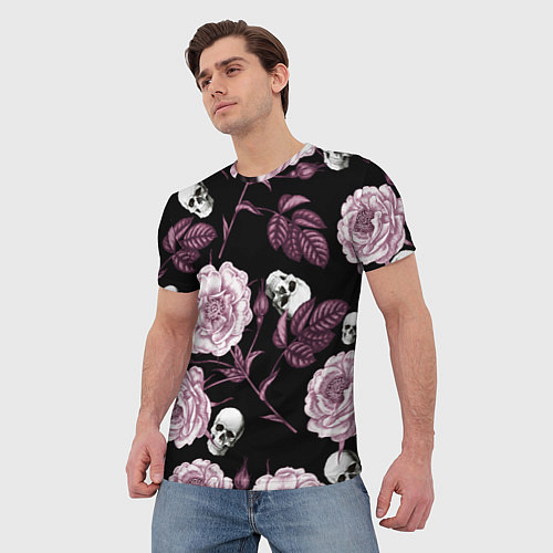 Мужская футболка Розовые цветы с черепами / 3D-принт – фото 3