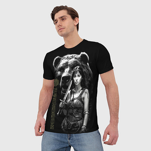 Мужская футболка Медведь и девушка воин / 3D-принт – фото 3