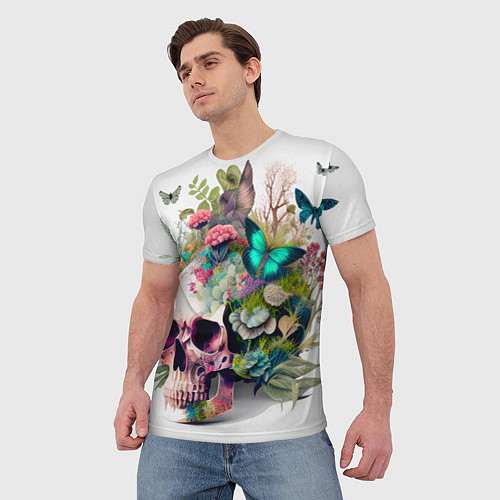 Мужская футболка Красивый череп с листьями и бабочками / 3D-принт – фото 3
