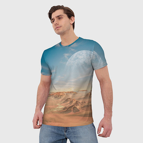 Мужская футболка Пустынная планета и спутник / 3D-принт – фото 3