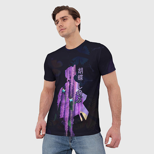 Мужская футболка Силуэт Шинобу Кочо, бабочки и цветущая глициния / 3D-принт – фото 3