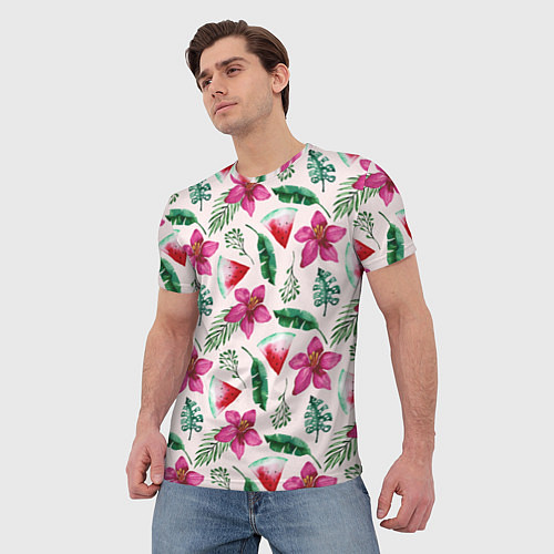 Мужская футболка Арбузы, цветы и тропические листья / 3D-принт – фото 3