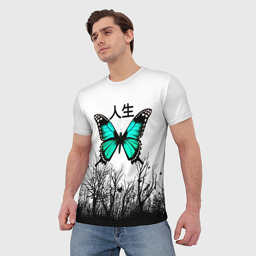 Мужская футболка С бабочкой на фоне японского иероглифа / 3D-принт – фото 3