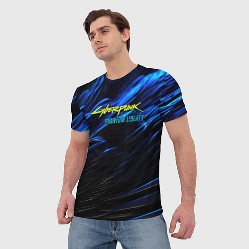 Мужская футболка Black blue cyberpunk phantom liberty / 3D-принт – фото 3