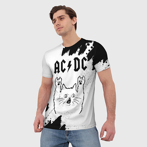 Мужская футболка AC DC рок кот на светлом фоне / 3D-принт – фото 3