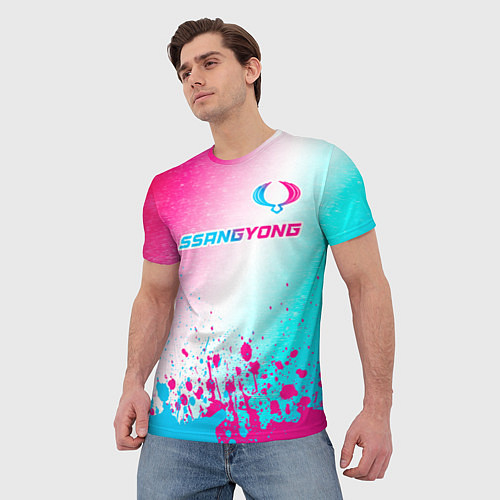 Мужская футболка SsangYong neon gradient style: символ сверху / 3D-принт – фото 3