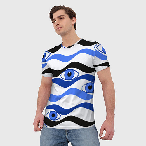 Мужская футболка Глазки плывущие в голубых волнах / 3D-принт – фото 3
