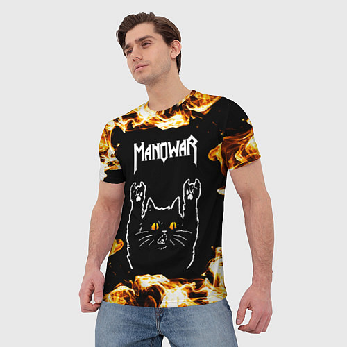 Мужская футболка Manowar рок кот и огонь / 3D-принт – фото 3