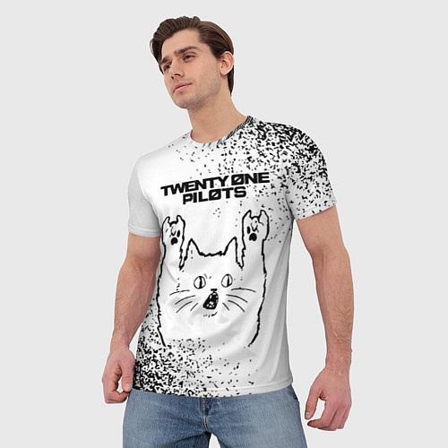 Мужская футболка Twenty One Pilots рок кот на светлом фоне / 3D-принт – фото 3