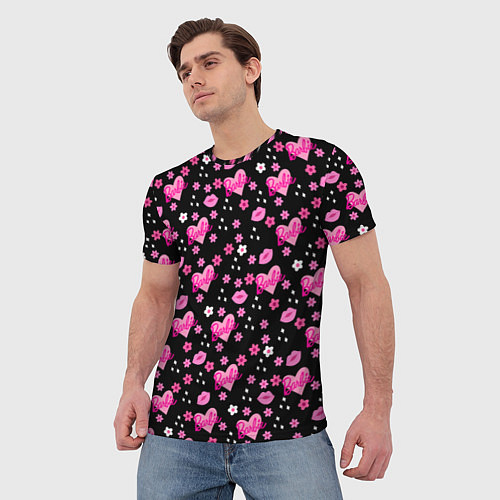 Мужская футболка Черный фон, барби и цветы / 3D-принт – фото 3