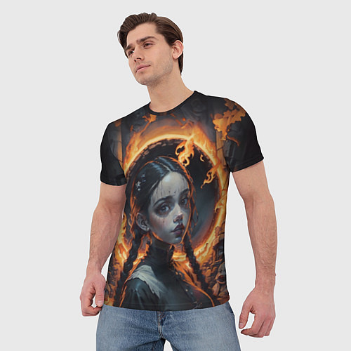 Мужская футболка Готическая девушка с двумя косами в огненном круге / 3D-принт – фото 3