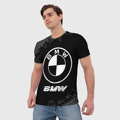 Мужская футболка BMW speed на темном фоне со следами шин / 3D-принт – фото 3
