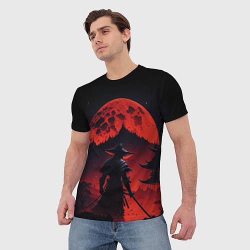 Мужская футболка Самурай, деревня и луна - мрачный / 3D-принт – фото 3
