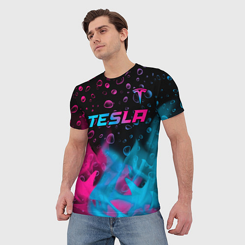 Мужская футболка Tesla - neon gradient: символ сверху / 3D-принт – фото 3