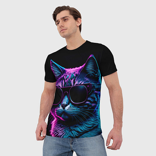 Мужская футболка Неоновый котик в очках / 3D-принт – фото 3
