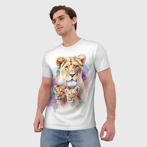 Мужская футболка Львица мама с двумя львятами / 3D-принт – фото 3