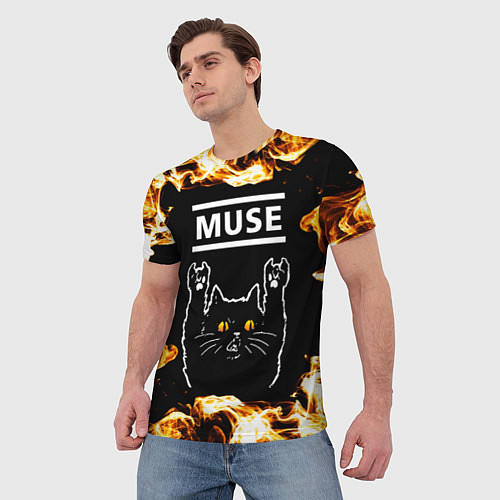 Мужская футболка Muse рок кот и огонь / 3D-принт – фото 3