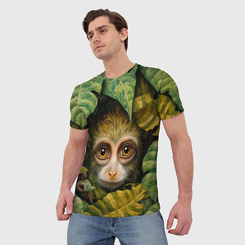 Мужская футболка Маленькая обезьянка в листьях / 3D-принт – фото 3