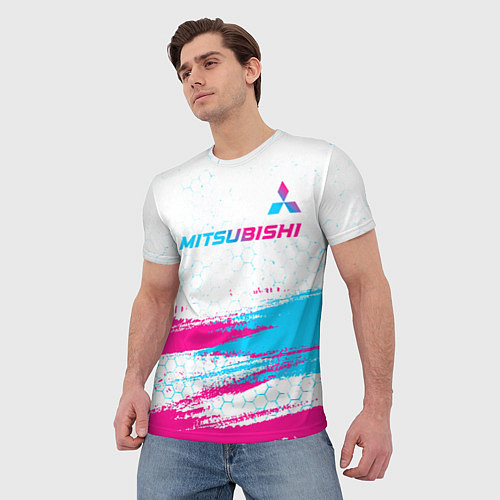 Мужская футболка Mitsubishi neon gradient style: символ сверху / 3D-принт – фото 3