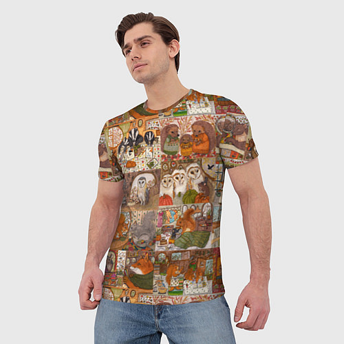 Мужская футболка Коллаж из сказочных зверей - совы, белки, ёжики / 3D-принт – фото 3