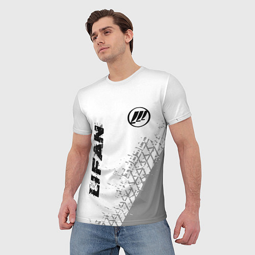 Мужская футболка Lifan speed на светлом фоне со следами шин: надпис / 3D-принт – фото 3