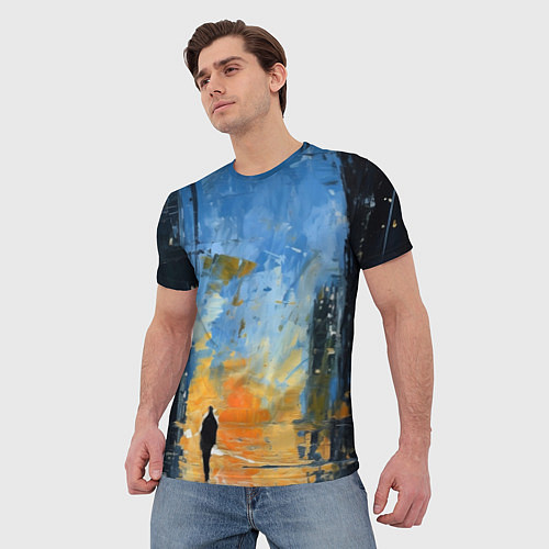 Мужская футболка Нарисованный человеческий силуэт на фоне города / 3D-принт – фото 3