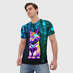 Футболка мужская Космический котёнок - звездопад, цвет: 3D-принт — фото 2