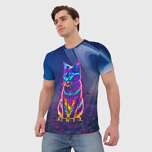 Мужская футболка Космический неоновый котик - нейросеть / 3D-принт – фото 3