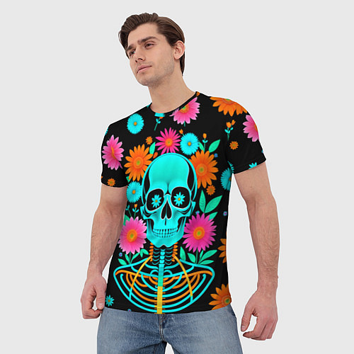 Мужская футболка Неоновый скелет в цветах / 3D-принт – фото 3