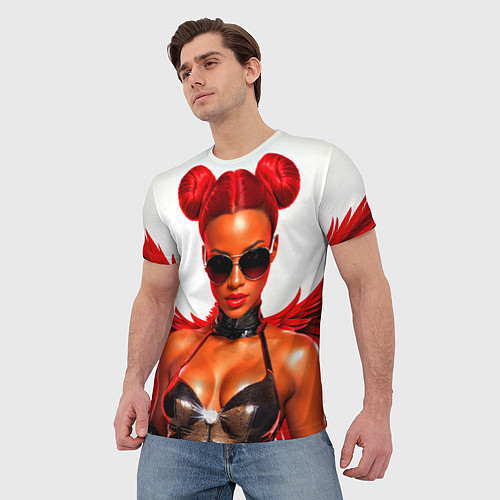 Мужская футболка Девушка афро в очках и красных перьях / 3D-принт – фото 3