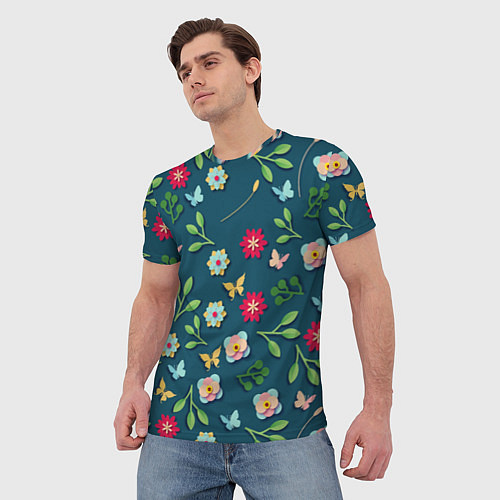 Мужская футболка Цветы и разноцветные бабочки / 3D-принт – фото 3