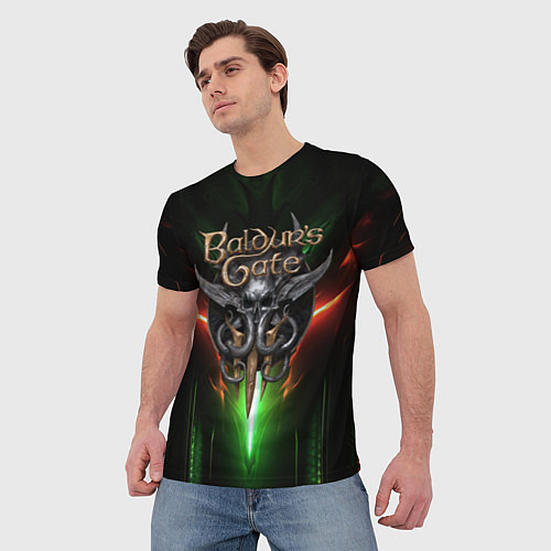 Мужская футболка Baldurs Gate 3 logo green red light / 3D-принт – фото 3