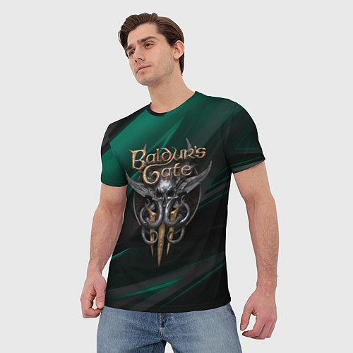 Мужская футболка Baldurs Gate 3 logo green geometry / 3D-принт – фото 3