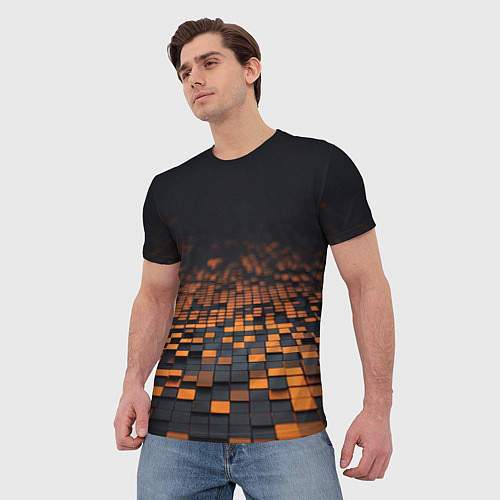 Мужская футболка Черные и оранжевые пиксели / 3D-принт – фото 3