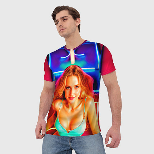 Мужская футболка Девушка на фоне неонового логотипа / 3D-принт – фото 3