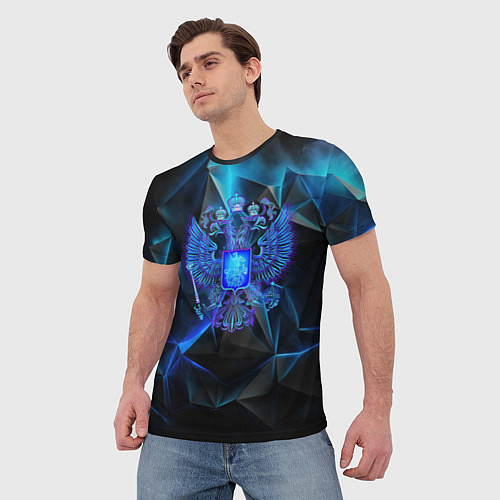 Мужская футболка Неоновый синий герб РФ / 3D-принт – фото 3